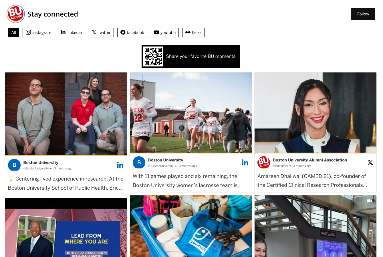 Boston University Alumni social media feed on website