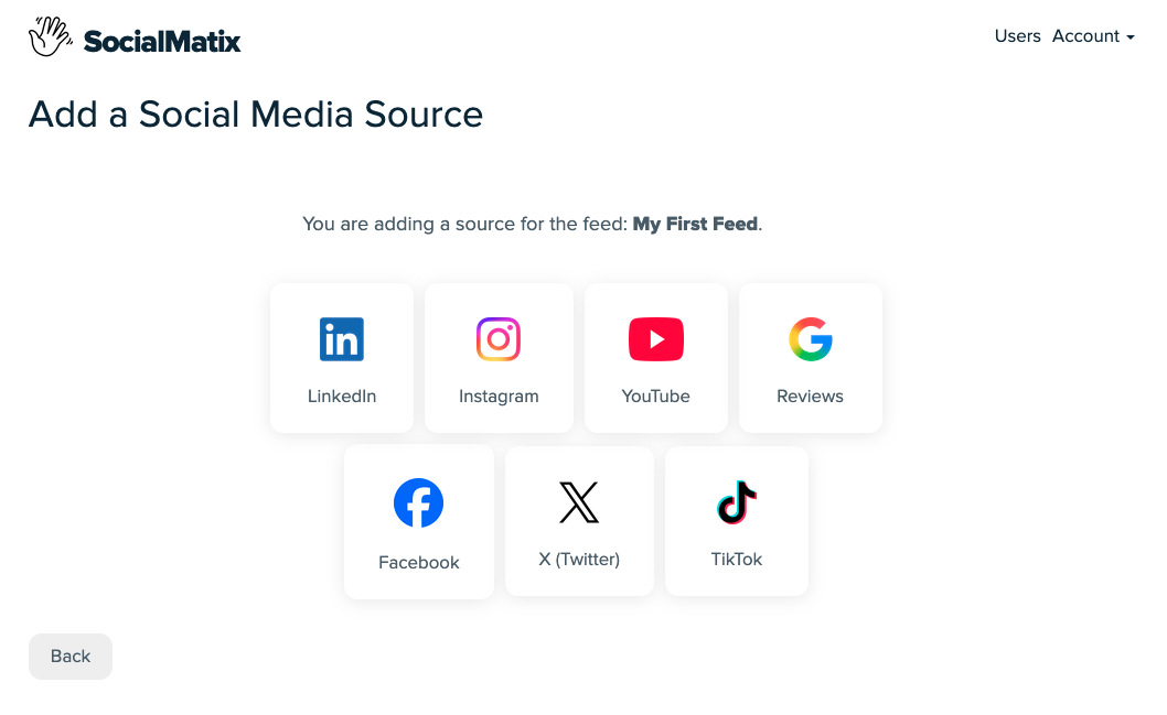 X source selection screen in SocialMatix
