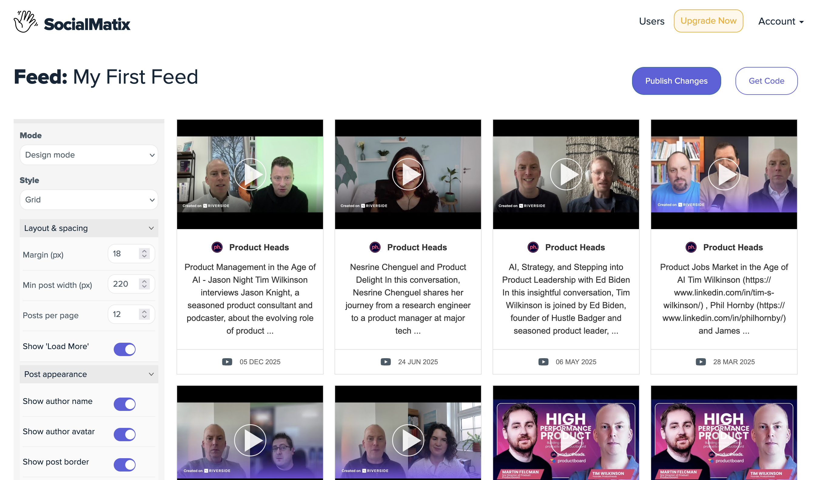 SocialMatix feed layout customization screen
