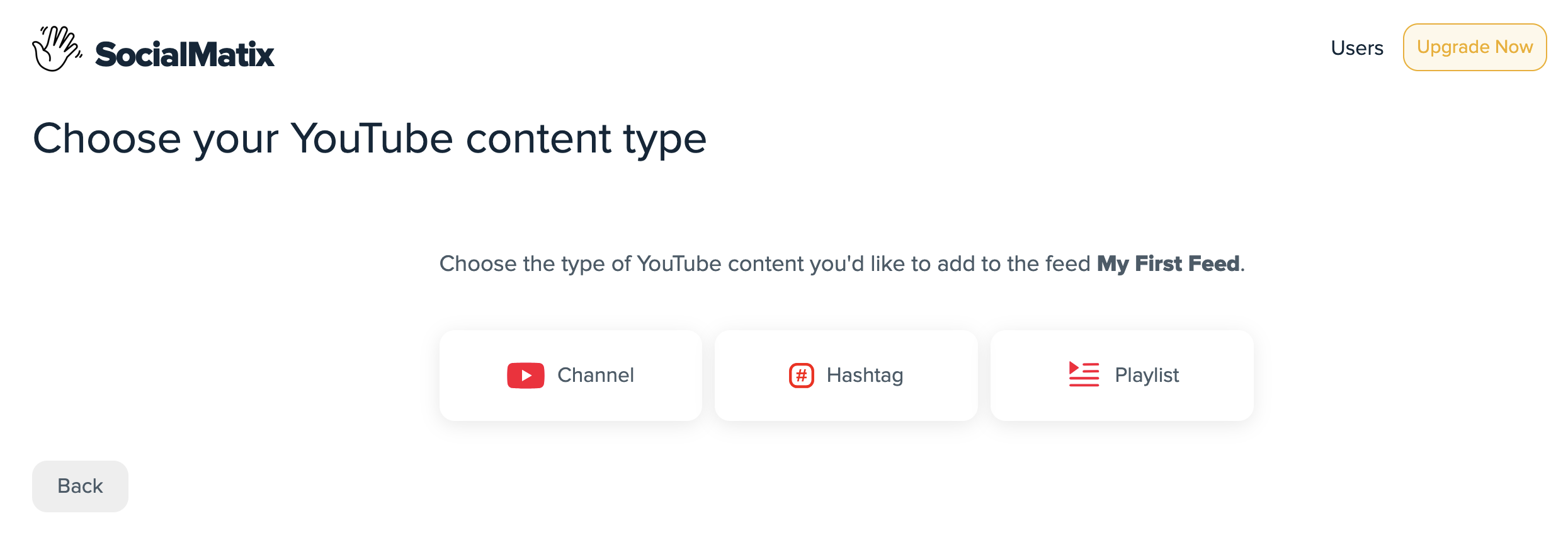 SocialMatix choose youtube source screen
