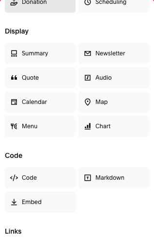 Squarespace code block selection screen