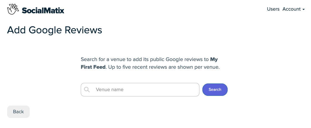 SocialMatix search for a Google reviews venue